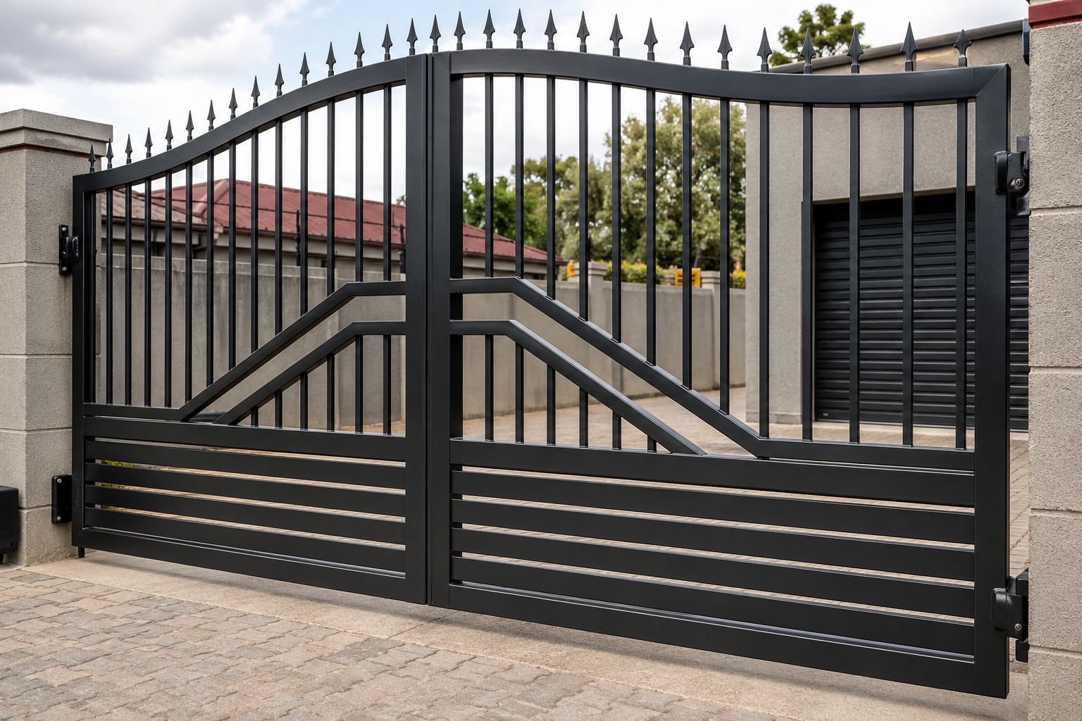 Custom fabricated double swing gate with spear tops