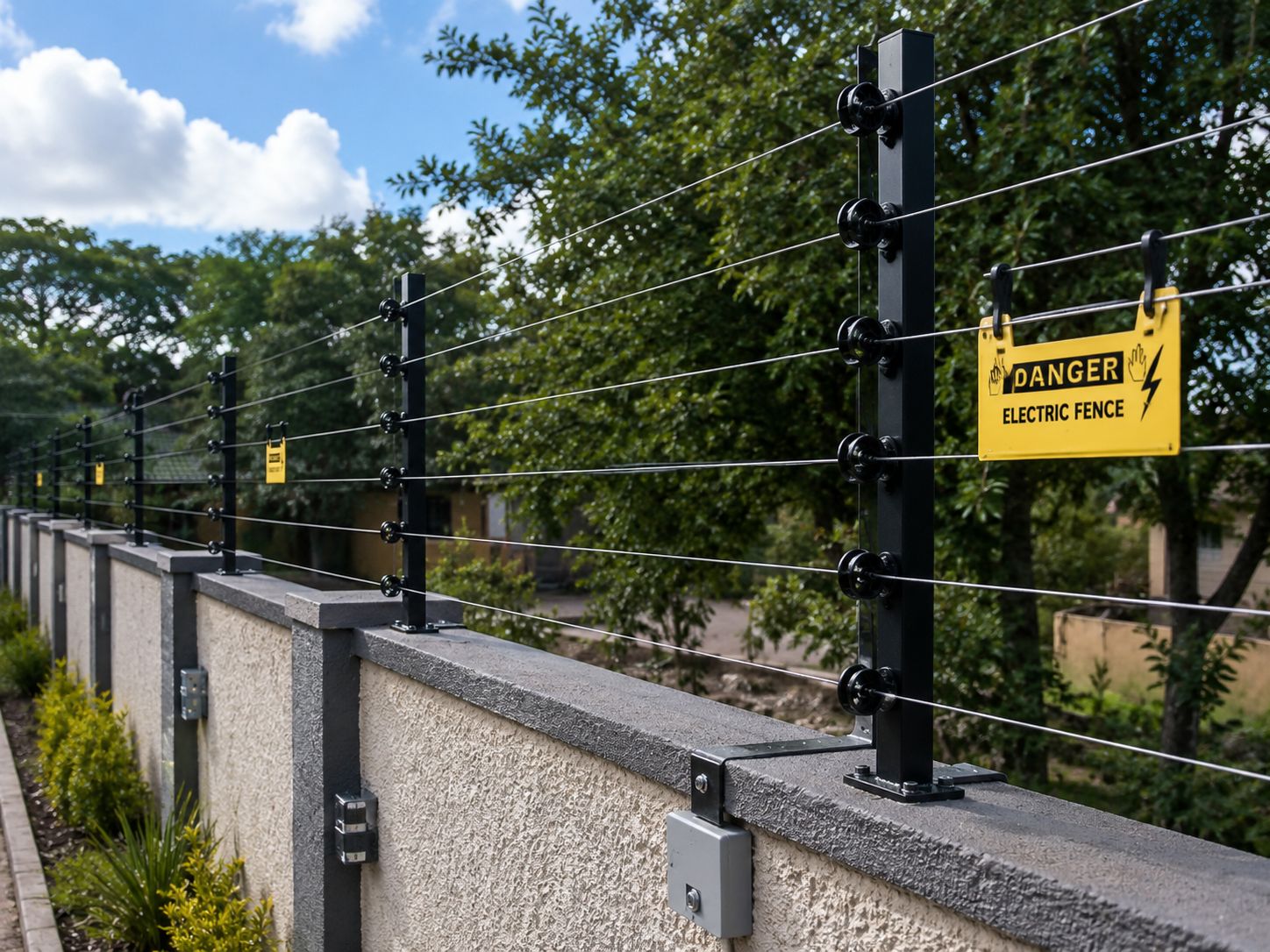 Wall-top electric fence with danger signage installed on a boundary wall