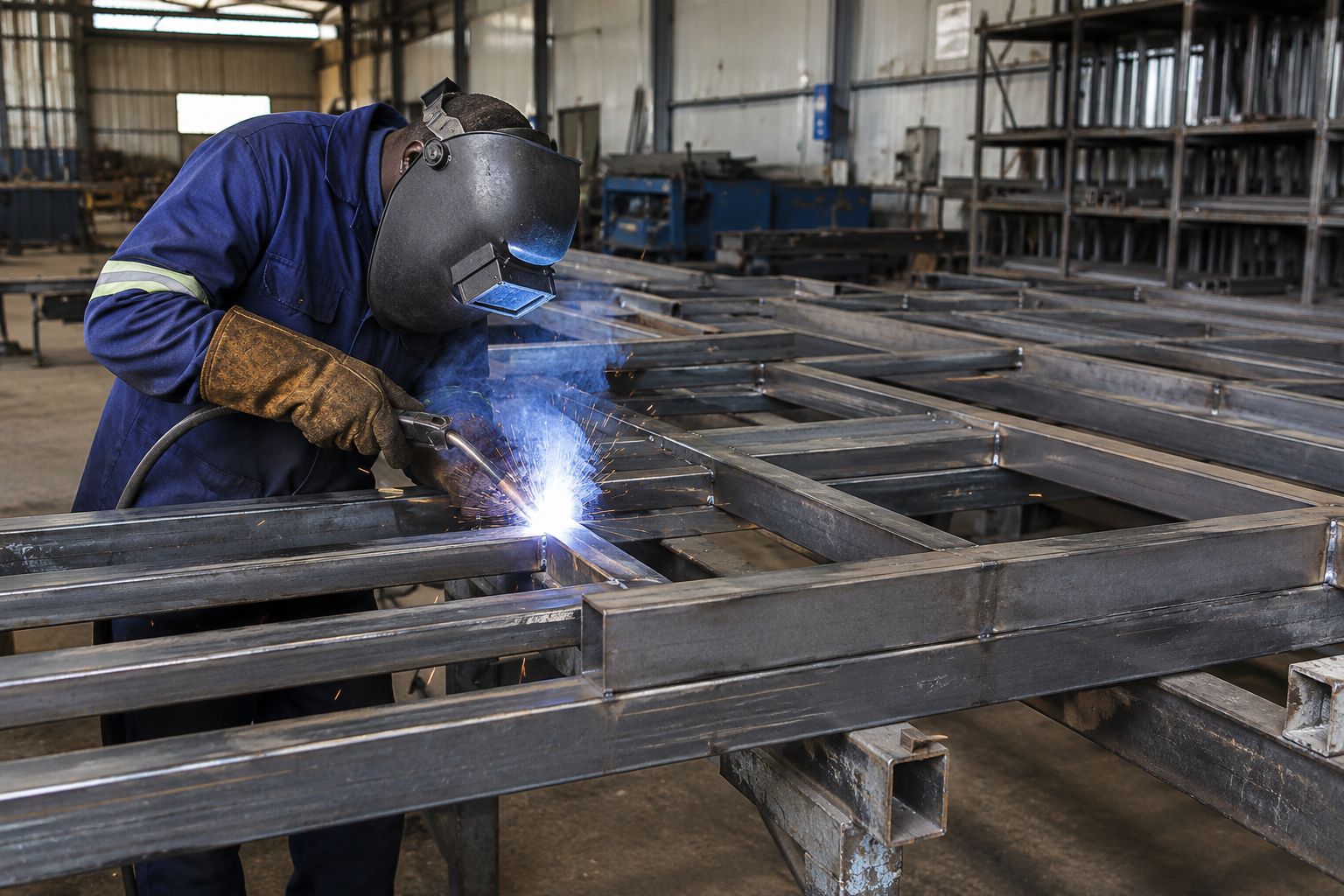 RhinoFence welder fabricating steel gate frames in the workshop